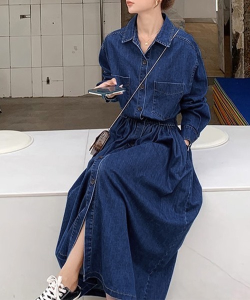 シャツワンピース ウエストギャザーデニムシャツワンピース : ZOZOTOWN