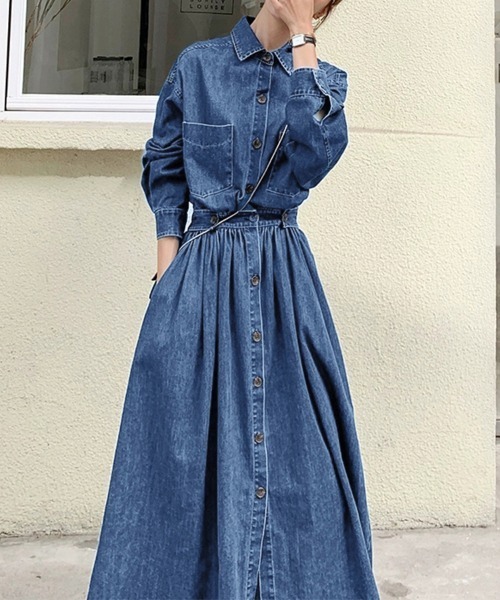 シャツワンピース ウエストギャザーデニムシャツワンピース : ZOZOTOWN