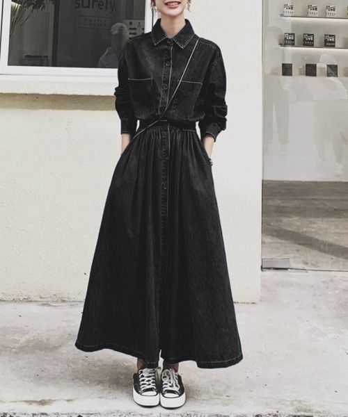 シャツワンピース ウエストギャザーデニムシャツワンピース : ZOZOTOWN