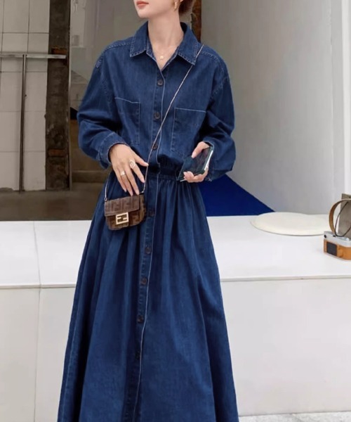 シャツワンピース ウエストギャザーデニムシャツワンピース : ZOZOTOWN