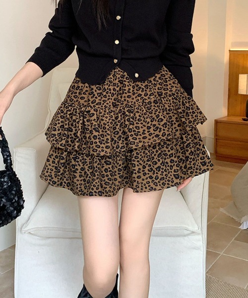 スカート HOOK for girls レオパード柄 × ティアードフリル ミニ