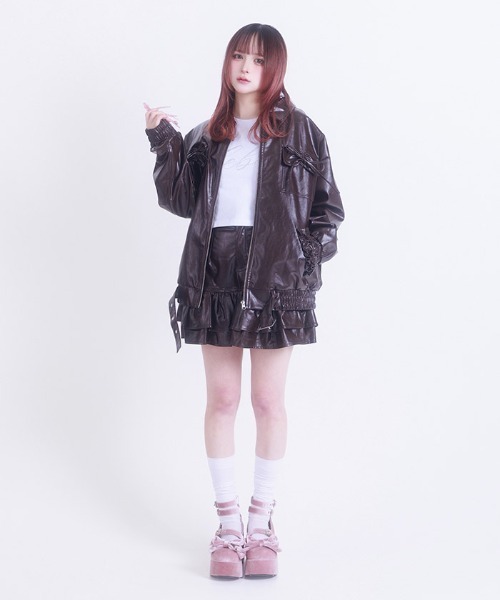 Fickle Bebe レザージャケット ライダース フェイクレザーリボン