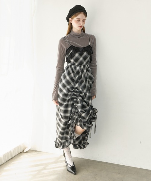 ワンピース lace drawstring onepiece / レースデザインドロストキャミ