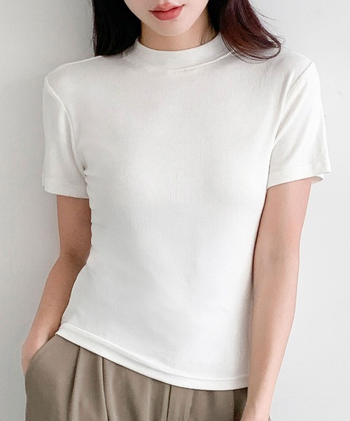 CFCL リブ ハイネック 半袖 トップス ホワイト LOWO tシャツ 半袖 プチハイネックリブストレッチ半袖カットソー