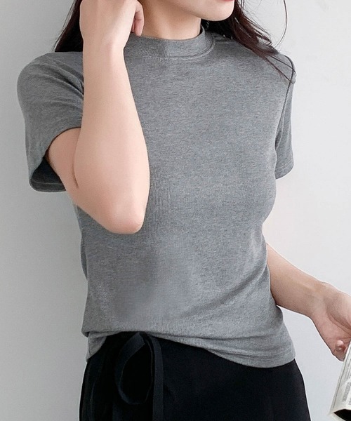 LOWO tシャツ 半袖 プチハイネックリブストレッチ半袖カットソー
