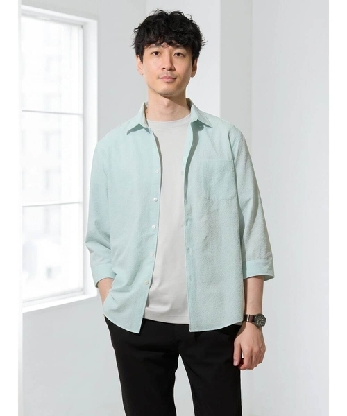 シャツ 「イージーケア/洗濯機で洗える/毛玉になりにくい/ストレッチ」メッシュシアサッカーシチブソデシャツ メンズの画像