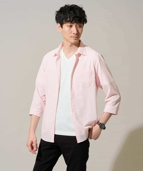 シャツ 「イージーケア/洗濯機で洗える/毛玉になりにくい/ストレッチ」メッシュシアサッカーシチブソデシャツ メンズの画像