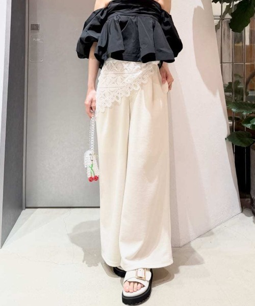 ワイドパンツ パンツ ハイウエストカットソーワイドパンツ／ウォッシャブル レディースの画像