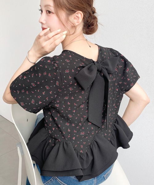 moment+ ブラウス シャツ 夏 半袖 バックリボン配色ダブルフリル