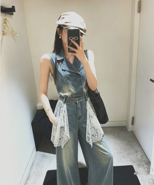 FAVORITO セットアップ デニムノースリーブトップスワイドパンツ