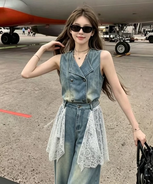 FAVORITO セットアップ デニムノースリーブトップスワイドパンツ