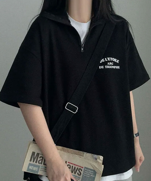 ブラック 半袖トップス tシャツ 半袖 ハーフジップ プルオーバー 半袖トップス レディース