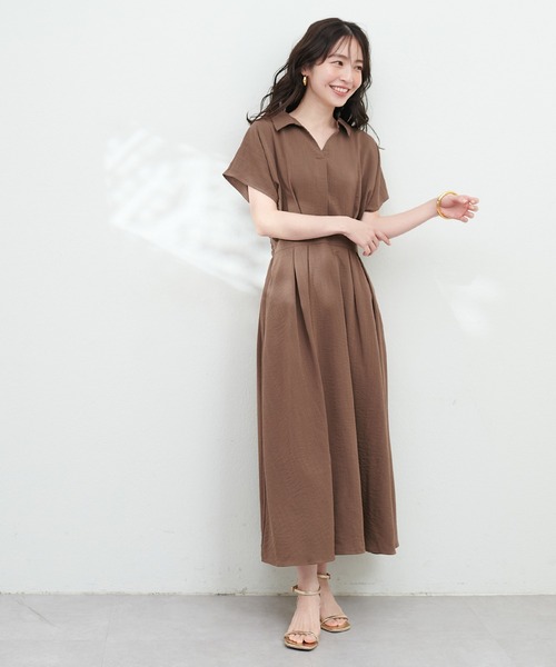 natural couture ワンピース 涼しげスキッパー衿お上品ワンピース