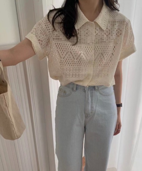 tシャツ フラワーレース半袖ポロシャツ レディース フラワーレース半袖ポロシャツ – LIAN