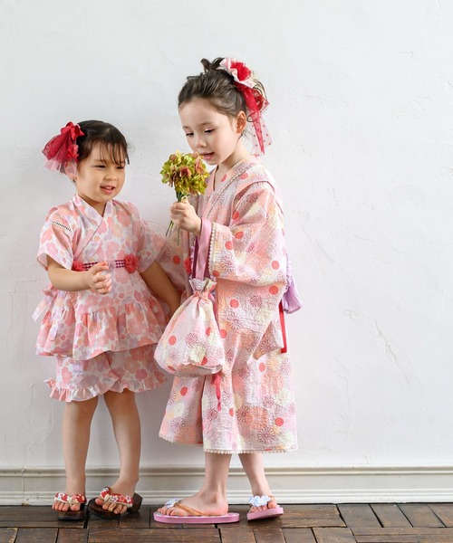 七五三用 3歳児 花柄ピンク着物ドレス ポンポン付き 京都瑠璃雛菊 ≪七五三早割りセール≫ 七五三着物 着物ドレス