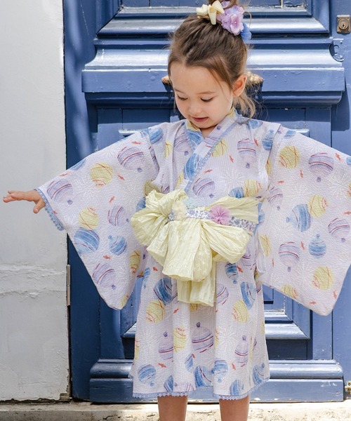 浴衣 浴衣ドレス3点セット（浴衣＋帯＋ポンポン） キッズ 子供 女の子の画像