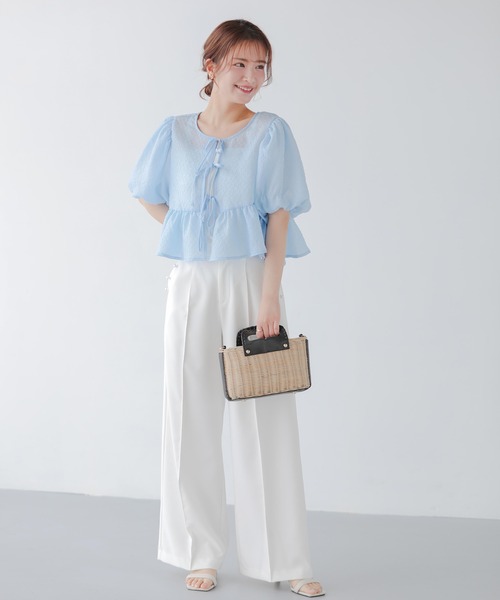 2WAYリボンシアージャガードショートトップス レディース Fit more 2WAYリボンシアージャガードショートトップス