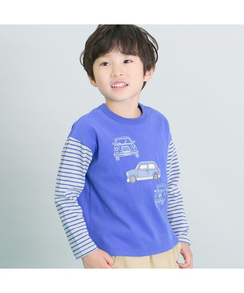 KP BOY（ケーピーボーイ） tシャツ 車モチーフの袖ボーダー長袖T