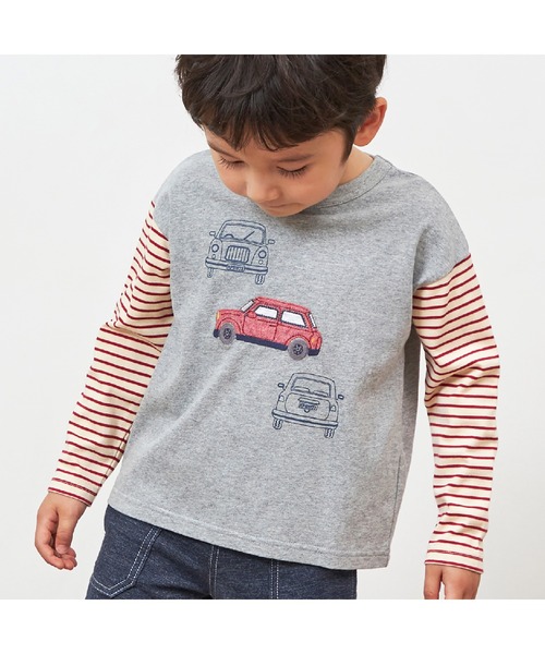 KP BOY（ケーピーボーイ） tシャツ 車モチーフの袖ボーダー長袖T