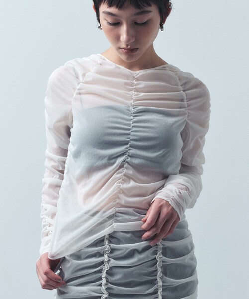tシャツ sheer gathered jersey top レディース