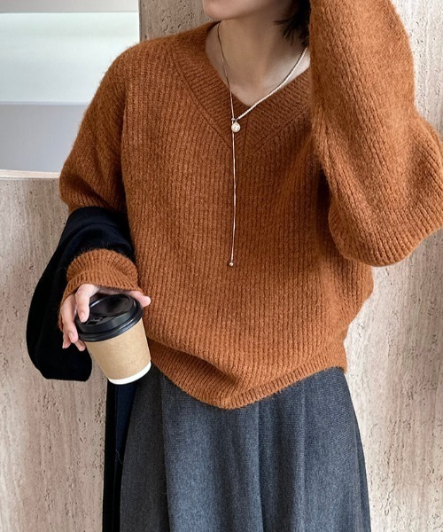 ニット セーター Vネック畦編みリブニット レディース
