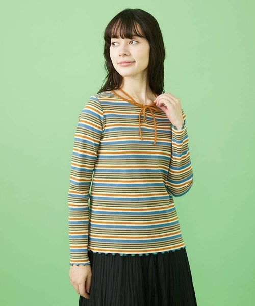 tシャツ 「2WAY」テレコボーダー リボン付きカットソー レディース