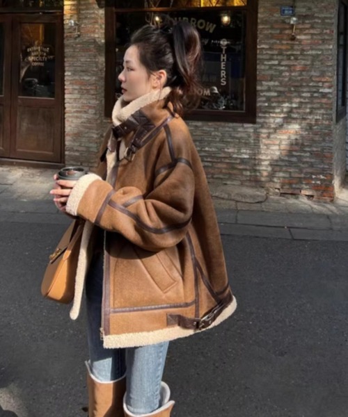 コート ムートンコート パイピングフェイクムートンボアブルゾン 