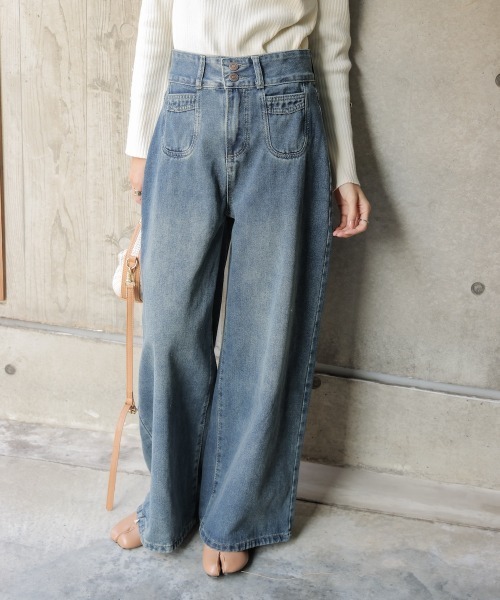 ジーンズ デニム デニムパンツ 「M・Lサイズ展開」ハイウエストラウンドポケット ルーズデニムパンツ レディース | BAB | 06
