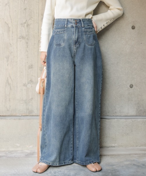 ジーンズ デニム デニムパンツ 「M・Lサイズ展開」ハイウエストラウンドポケット ルーズデニムパンツ レディース | BAB | 07