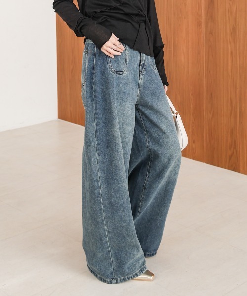 ジーンズ デニム デニムパンツ 「M・Lサイズ展開」ハイウエストラウンドポケット ルーズデニムパンツ レディース | BAB | 17