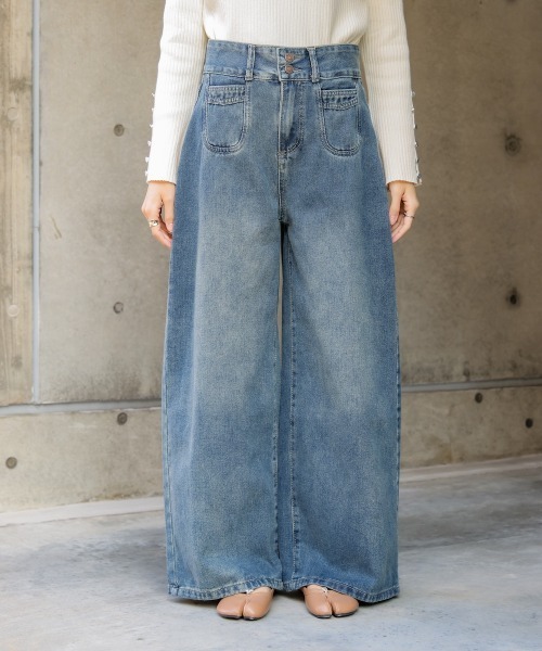 ジーンズ デニム デニムパンツ 「M・Lサイズ展開」ハイウエストラウンドポケット ルーズデニムパンツ レディース | BAB | 20