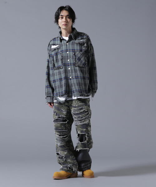 ダンケシェーン ダメージチェックシャツ DANKE SCHON シャツ DankeSchon/ダンケシェーン/PIGMENT DAMAGE