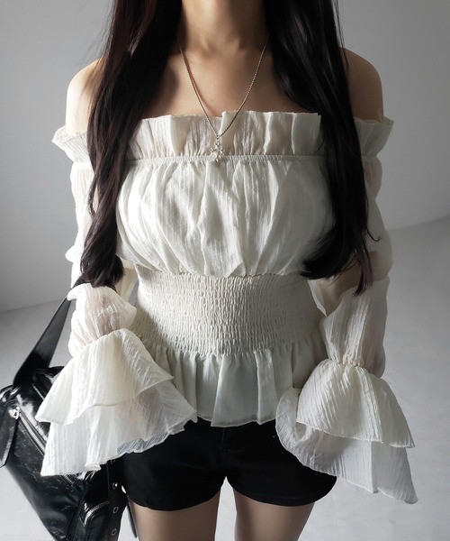 Me♡shéller 2wayオフショルフリルブラウス 美品 sheller シェリエ 2way オフショルフリルブラウス ブラック