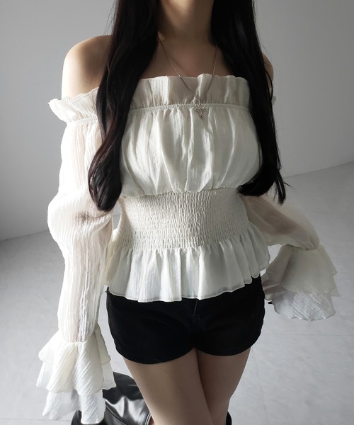 Me♡shéller 2wayオフショルフリルブラウス 美品 sheller シェリエ 2way オフショルフリルブラウス ブラック
