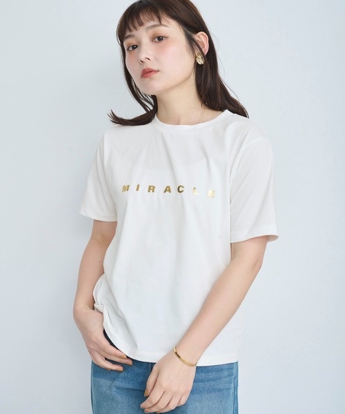 tシャツ ポイント箔プリントTシャツ レディース tシャツ 「3色展開」箔プリントロゴTシャツ レディース