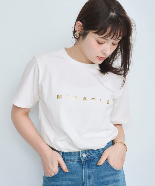 tシャツ 「3色展開」箔プリントロゴTシャツ レディース
