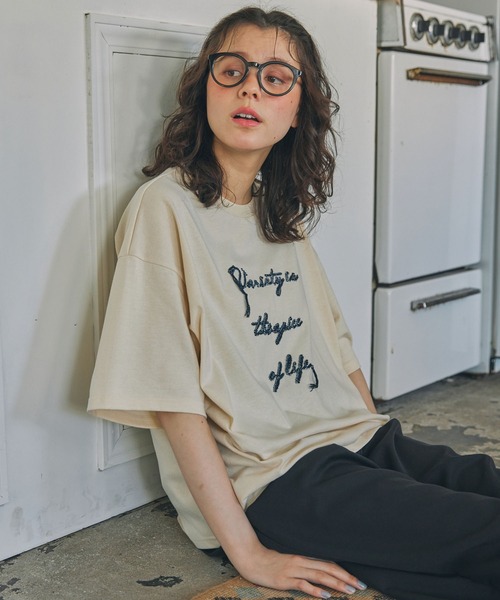 tシャツ コード刺繍 メッセージ ロゴ半袖Tシャツ レディース