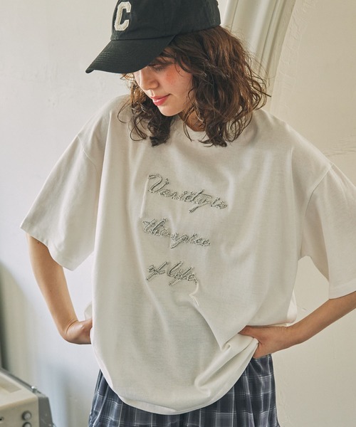 tシャツ スタッズメッセージプリント Tシャツ レディース Anytime Songs tシャツ 16/TC 天竺リンガープリントTシャツ(LUCK