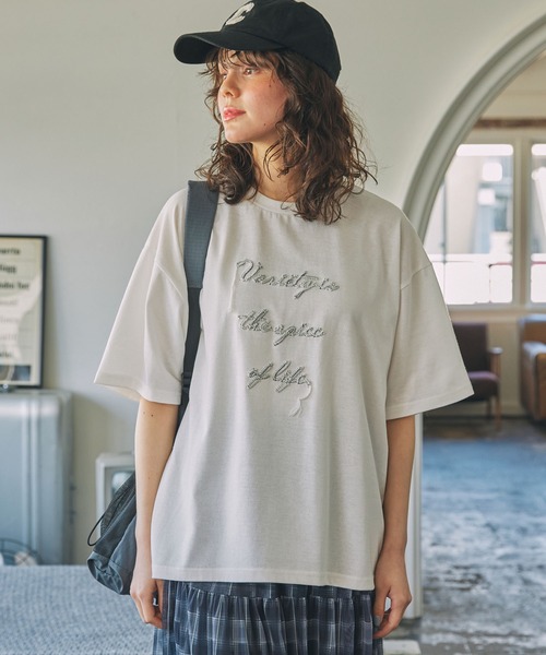 tシャツ コード刺繍 メッセージ ロゴ半袖Tシャツ レディース