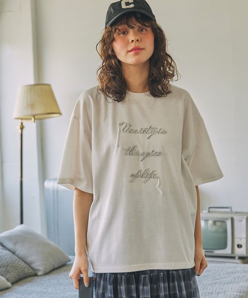 tシャツ コード刺繍 メッセージ ロゴ半袖Tシャツ レディース