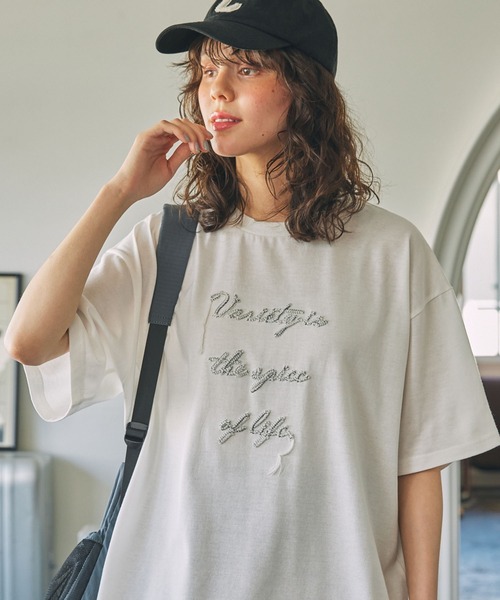 tシャツ コード刺繍 メッセージ ロゴ半袖Tシャツ レディース