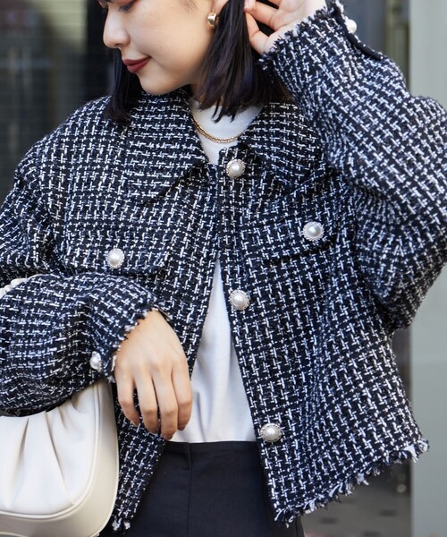 「VIVAYOU」 ツイードジャケット フリ- ブラック レディース_画像6