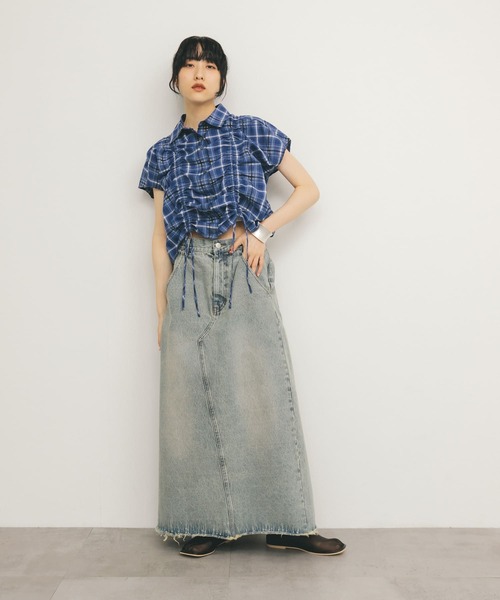 KBF ブラウス シャツ ドロストシアーチェックブラウス