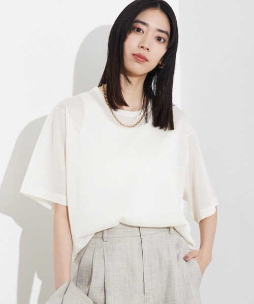 tシャツ 「上品な透け感」シャイニーニットT/シアーTシャツ/夏服/サマーニット レディース