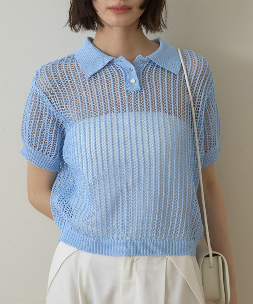 【モカ】【一部店舗限定】メッシュニットポロシャツ ROUGE VIF Sophie ニット セーター 「一部店舗限定」メッシュニット