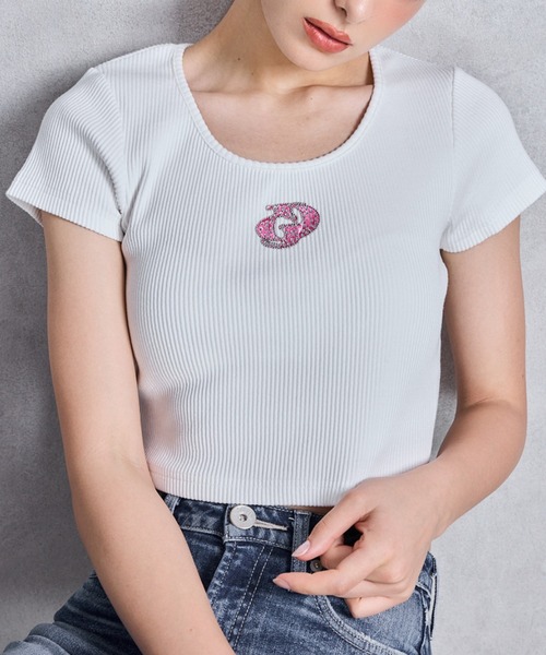 tシャツ ハーフスリーブGDロゴラインストーンテレコトップス レディース