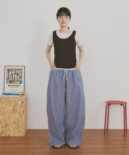 MERLOT（メルロー） パンツ 「ウエストゴム」ギンガムチェックワイド