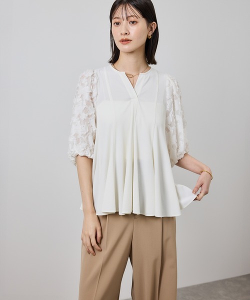 ROPE'（ロペ） ブラウス シャツ ジャガードスリーブコンビブラウス