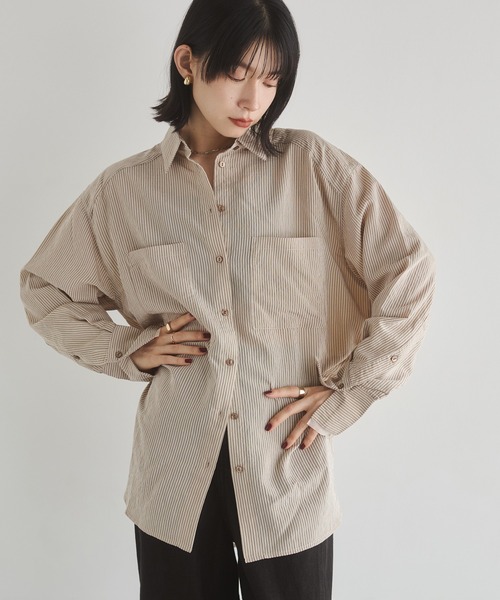 ブラウス シャツ ツヤストライプ オーバーシャツ レディース | hunch