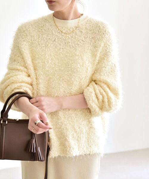 quaranciel:ネップツイード クルーネック コンパクト ニット セール】quaranciel:〈手洗い可能〉ネップツイード クルーネック